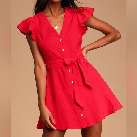 Lulu's Vibrant Red Flutter Sleeve Mini Dress - NWOT - Picture 1 of 10